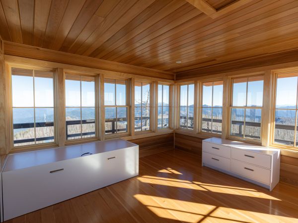 Recently rebuilt interior of Bolan Mountain Lookout